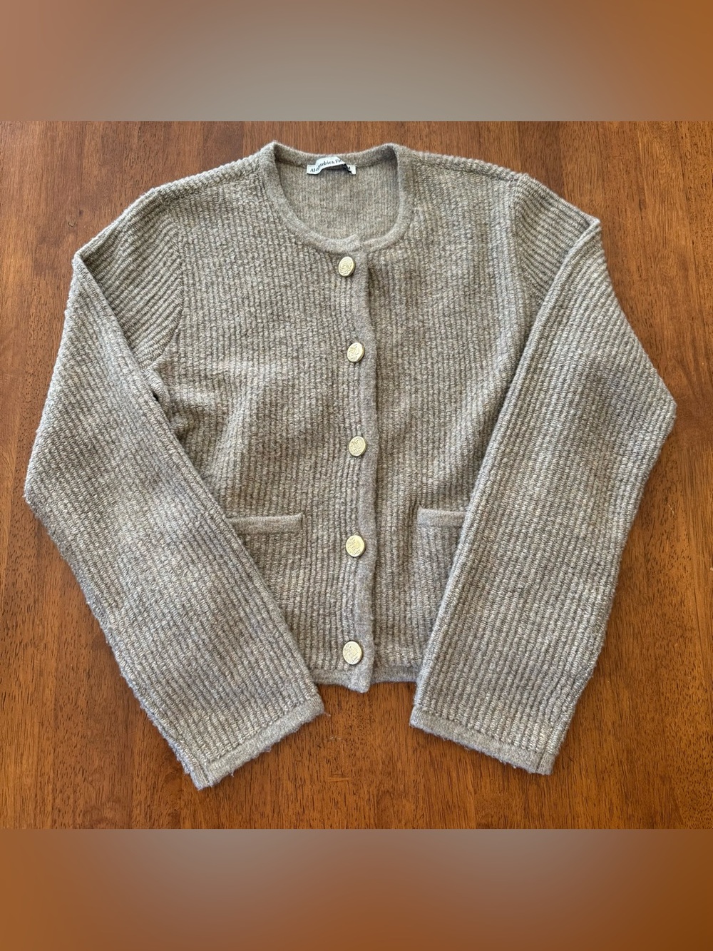 Abercrombie & Fitch Old Money Taupe Ribbed Knit Cardigan Gold Crest Buttons